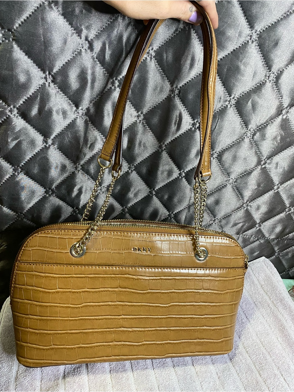 DKNY Bryant Top Zip Park Dome Shoulder Bag Caramel Brown Faux Croc EUC